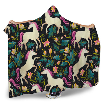 Night Floral Unicorn Pattern Print Hooded Blanket