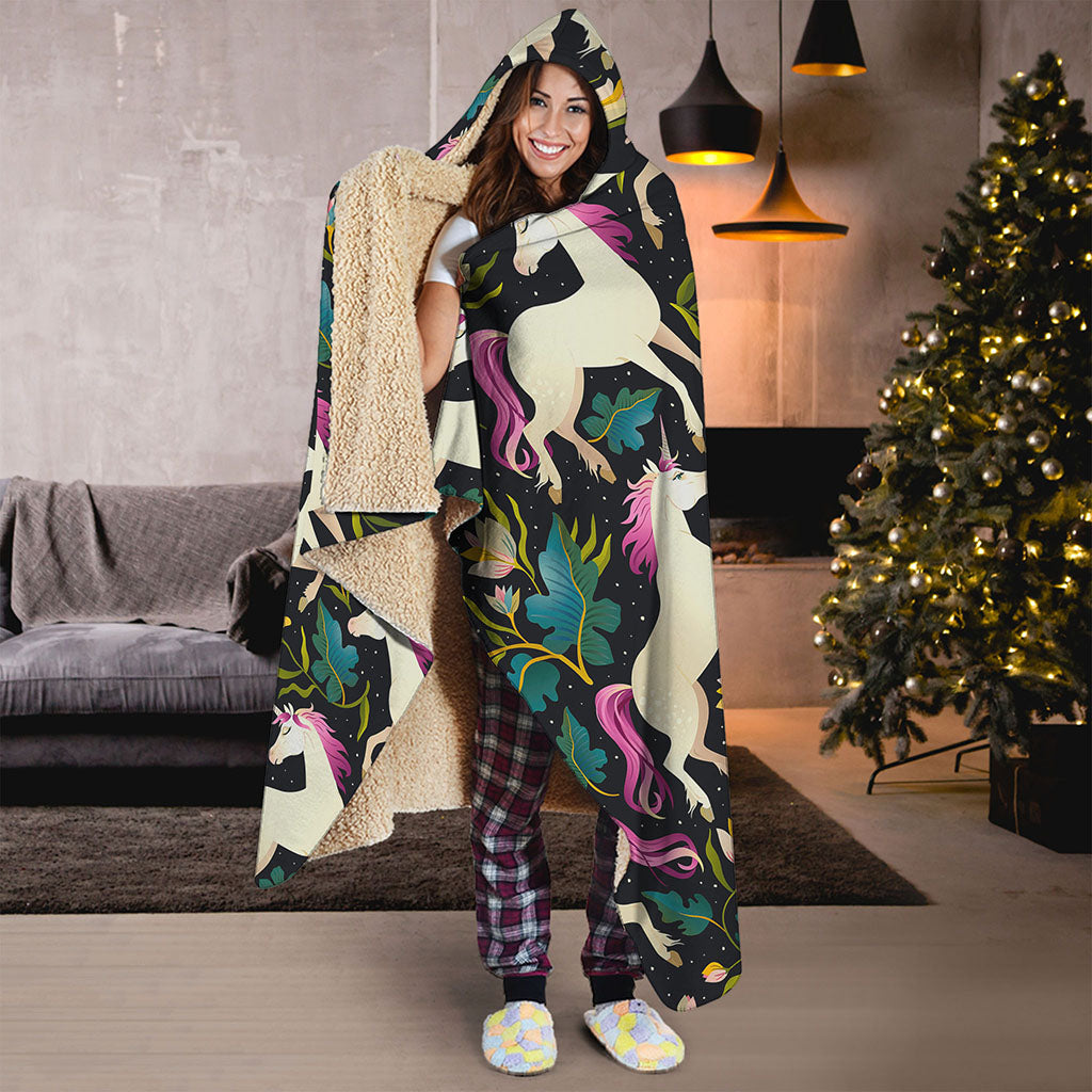 Night Floral Unicorn Pattern Print Hooded Blanket