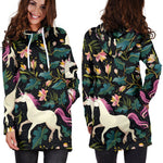 Night Floral Unicorn Pattern Print Hoodie Dress GearFrost