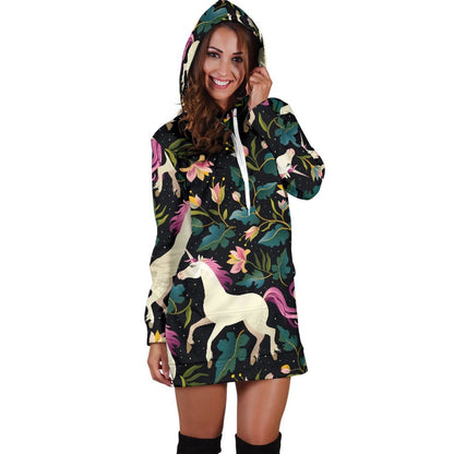 Night Floral Unicorn Pattern Print Hoodie Dress GearFrost
