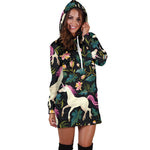 Night Floral Unicorn Pattern Print Hoodie Dress GearFrost