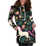 Night Floral Unicorn Pattern Print Hoodie Dress GearFrost