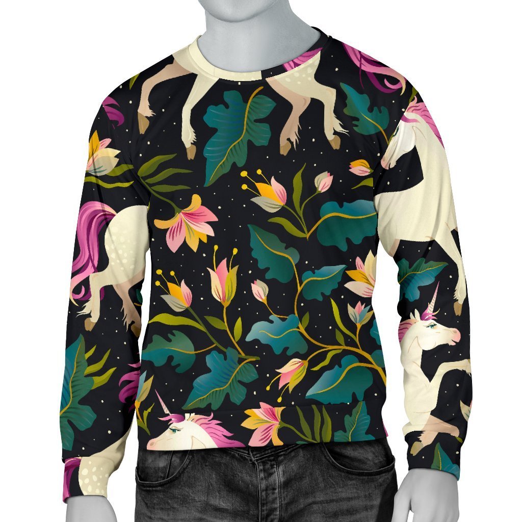 Night Floral Unicorn Pattern Print Men's Crewneck Sweatshirt GearFrost