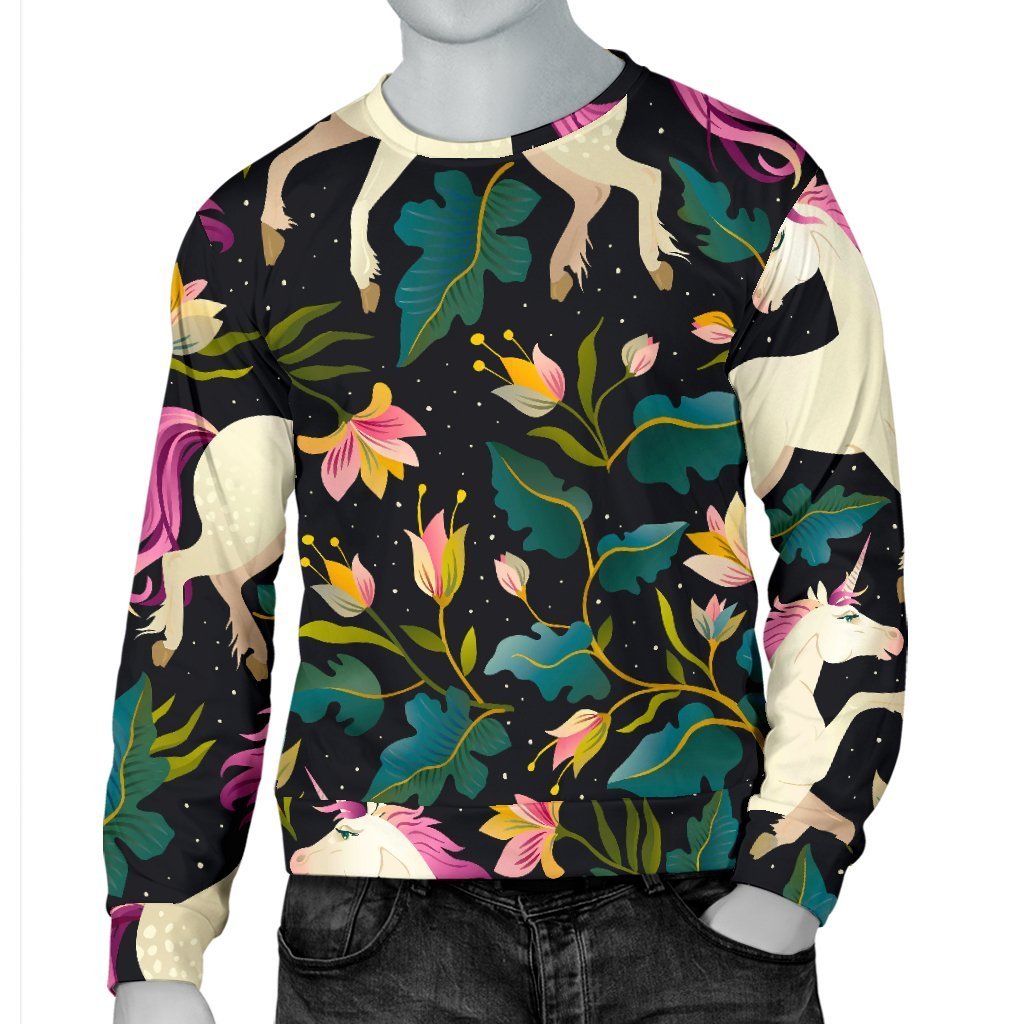 Night Floral Unicorn Pattern Print Men's Crewneck Sweatshirt GearFrost