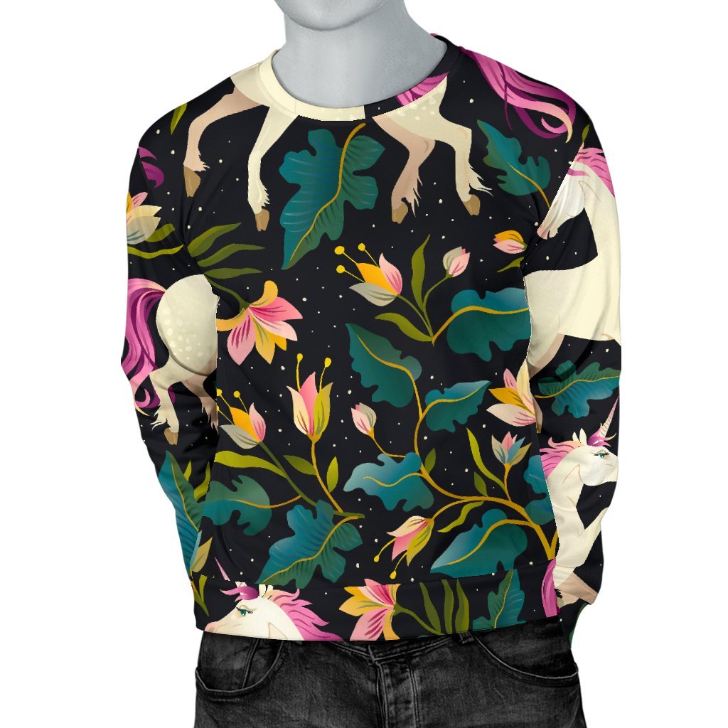 Night Floral Unicorn Pattern Print Men's Crewneck Sweatshirt GearFrost