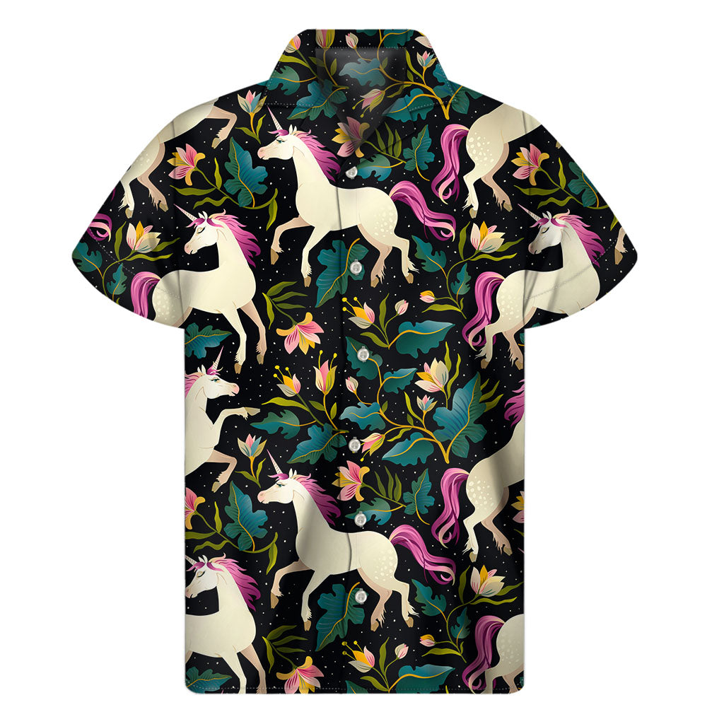 Night Floral Unicorn Pattern Print Men's Short Sleeve Shirt