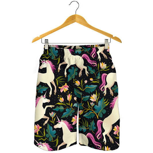 Night Floral Unicorn Pattern Print Men's Shorts