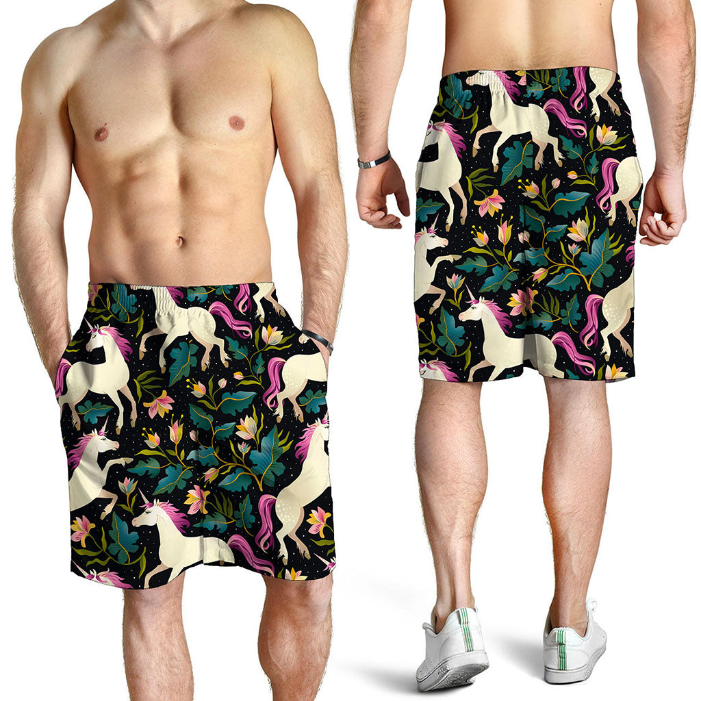 Night Floral Unicorn Pattern Print Men's Shorts