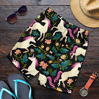 Night Floral Unicorn Pattern Print Men's Shorts