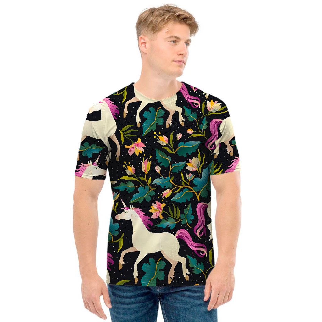 Night Floral Unicorn Pattern Print Men's T-Shirt