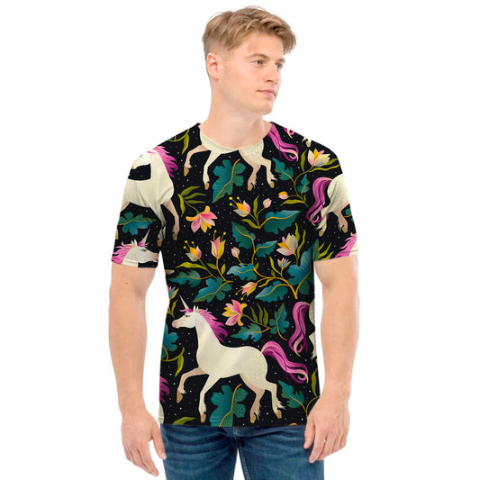 Night Floral Unicorn Pattern Print Men's T-Shirt