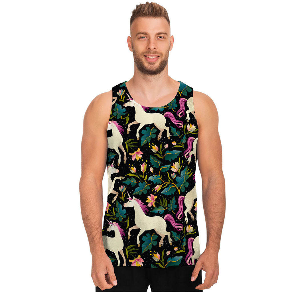 Night Floral Unicorn Pattern Print Men's Tank Top