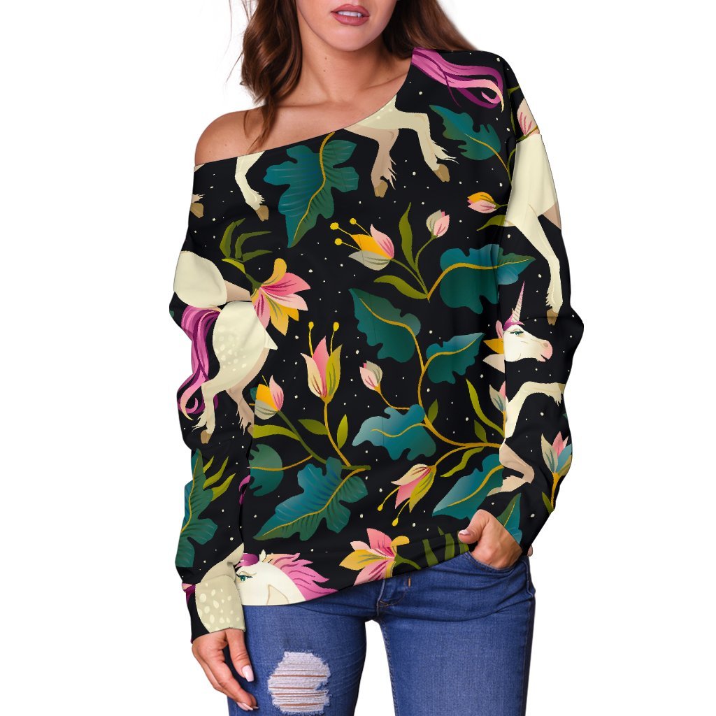 Night Floral Unicorn Pattern Print Off Shoulder Sweatshirt GearFrost