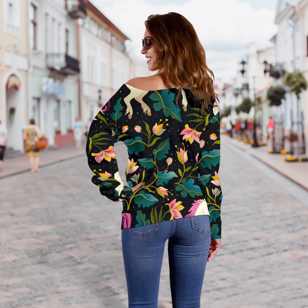 Night Floral Unicorn Pattern Print Off Shoulder Sweatshirt GearFrost