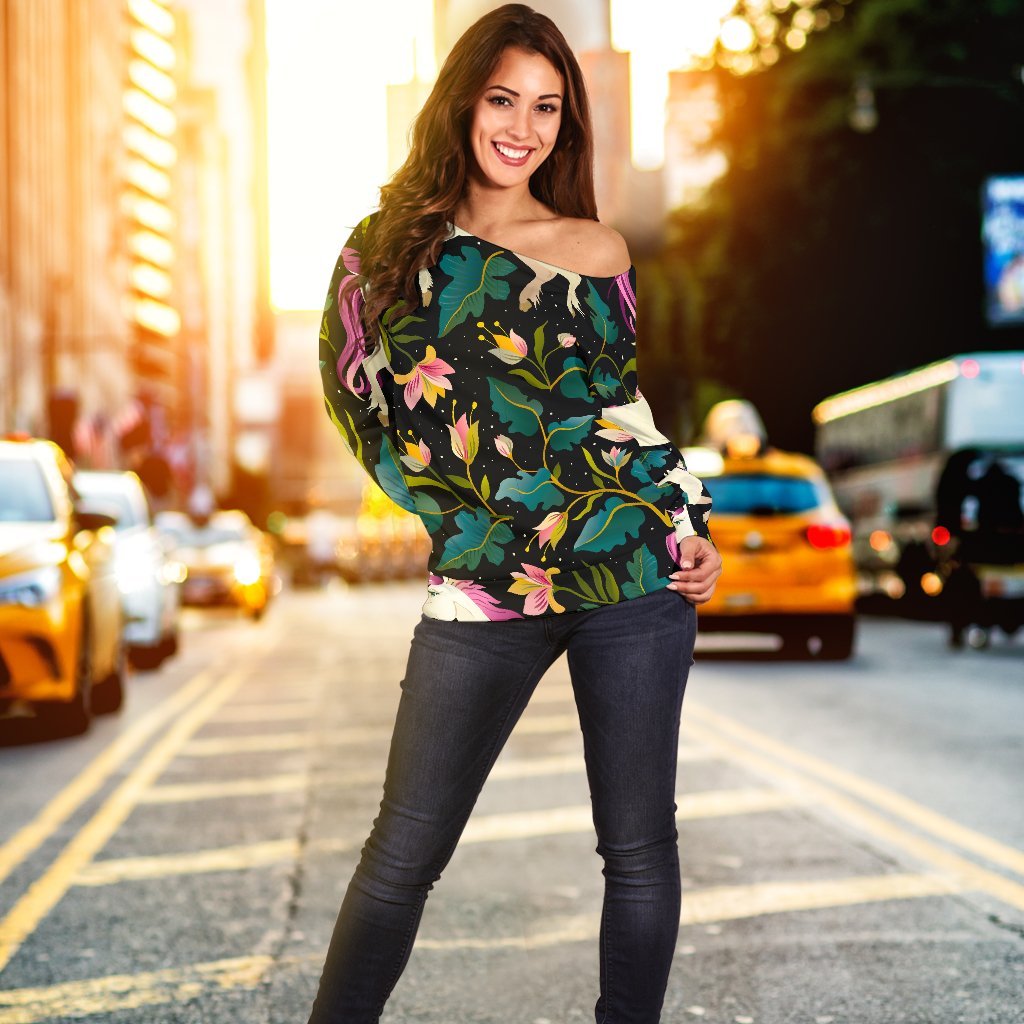 Night Floral Unicorn Pattern Print Off Shoulder Sweatshirt GearFrost