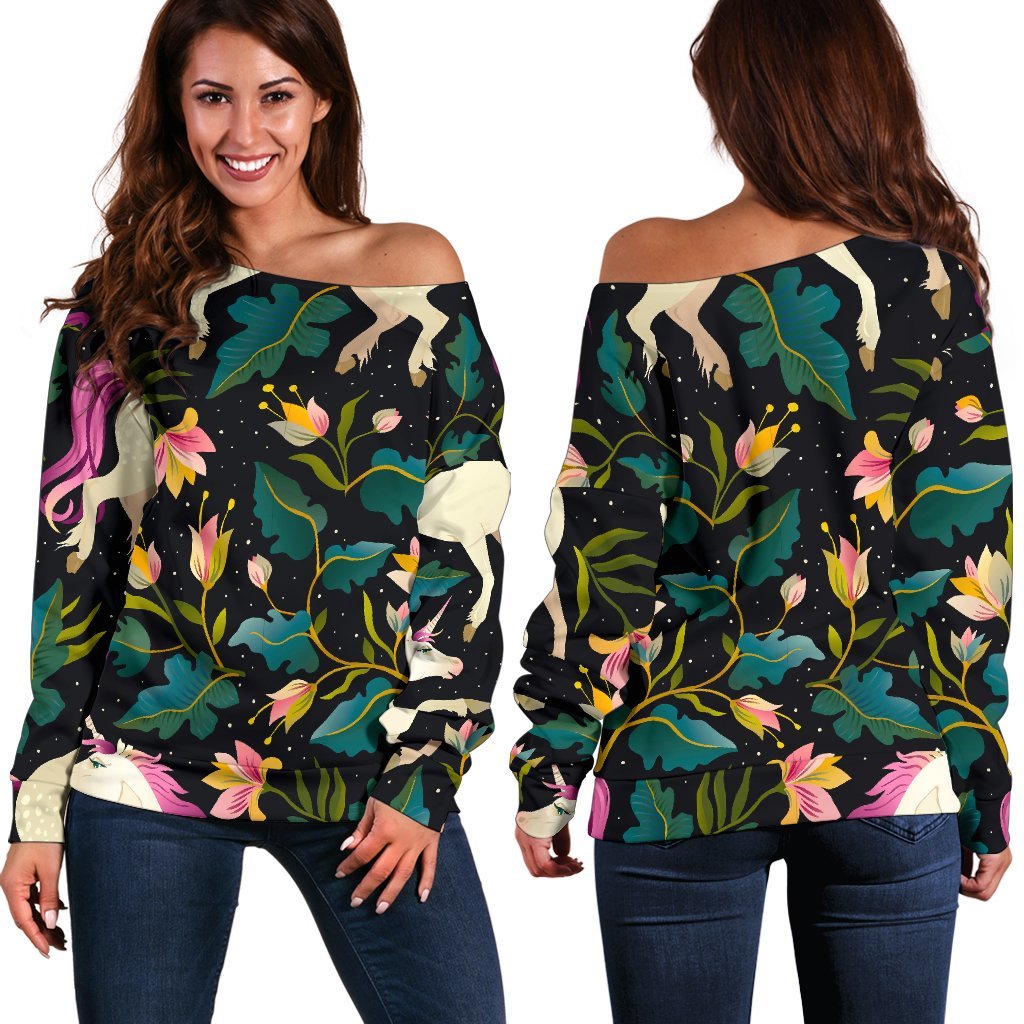 Night Floral Unicorn Pattern Print Off Shoulder Sweatshirt GearFrost