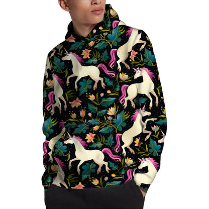 Night Floral Unicorn Pattern Print Pullover Hoodie