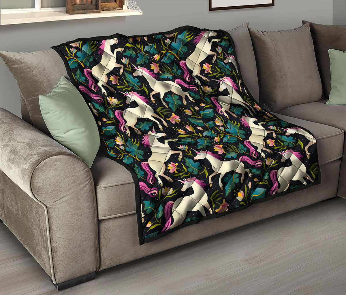 Night Floral Unicorn Pattern Print Quilt