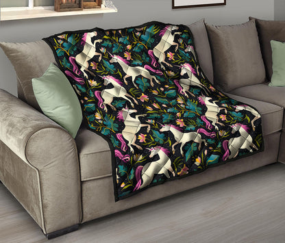 Night Floral Unicorn Pattern Print Quilt
