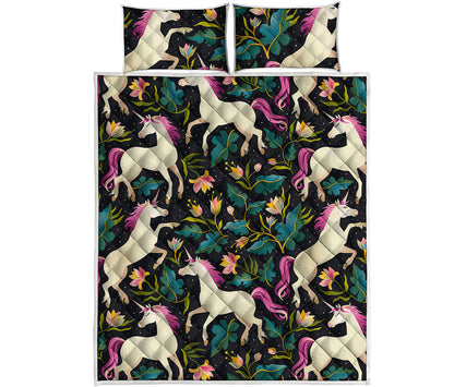 Night Floral Unicorn Pattern Print Quilt Bed Set