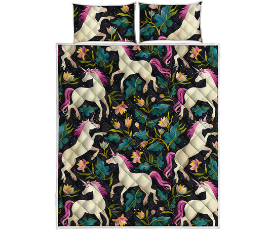 Night Floral Unicorn Pattern Print Quilt Bed Set