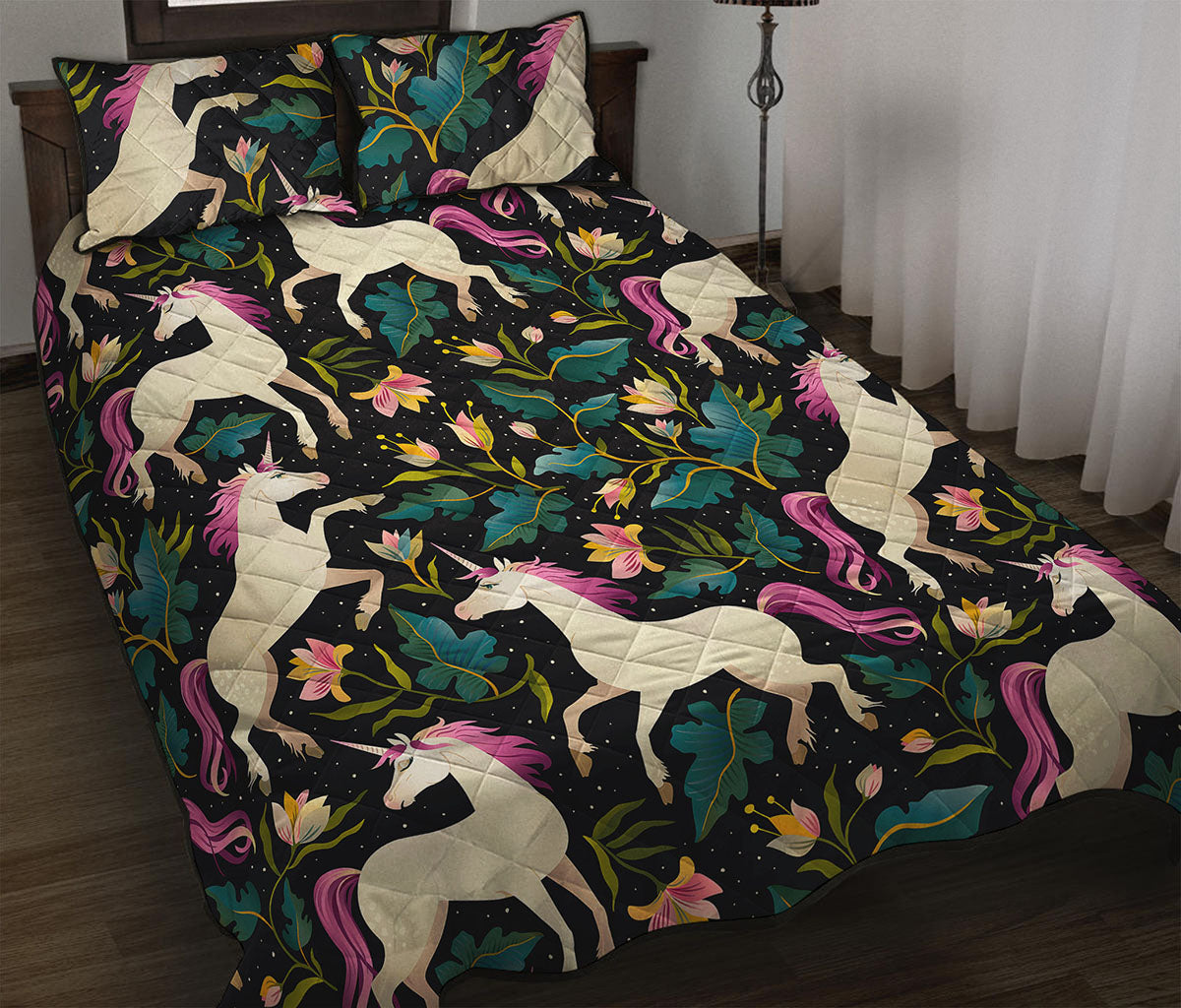 Night Floral Unicorn Pattern Print Quilt Bed Set