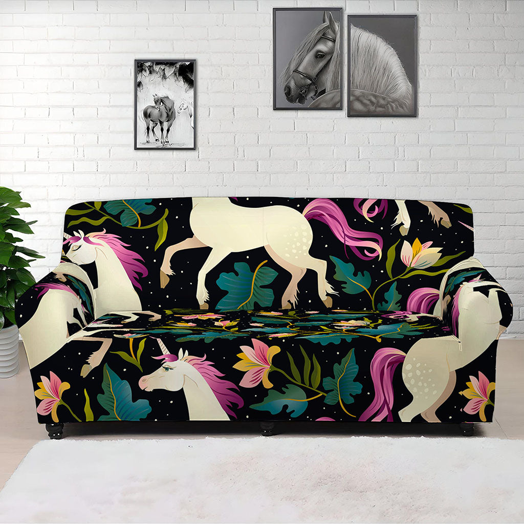 Night Floral Unicorn Pattern Print Sofa Cover