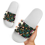 Night Floral Unicorn Pattern Print White Slide Sandals
