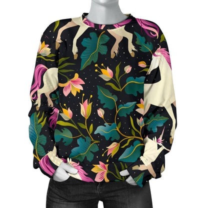 Night Floral Unicorn Pattern Print Women's Crewneck Sweatshirt GearFrost