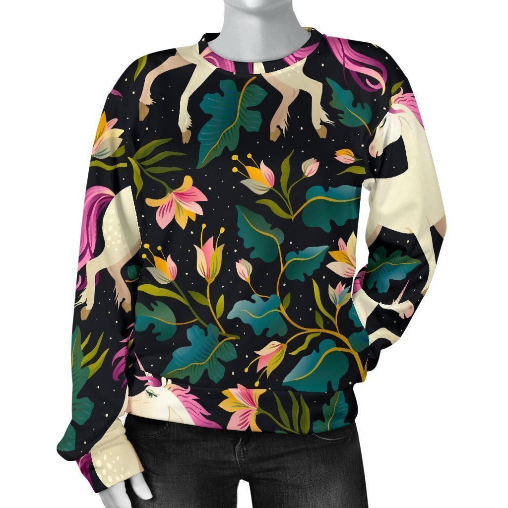 Night Floral Unicorn Pattern Print Women's Crewneck Sweatshirt GearFrost