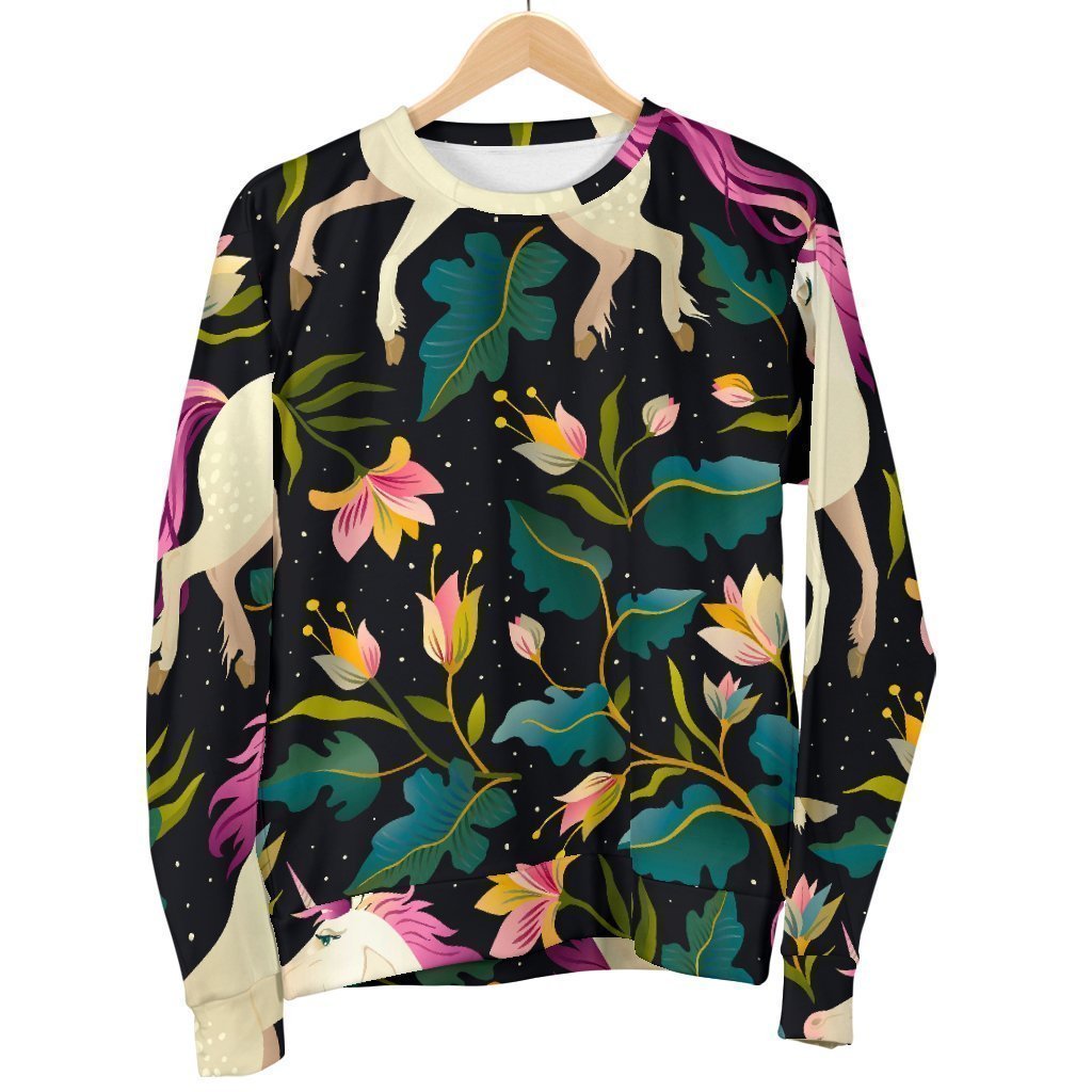 Night Floral Unicorn Pattern Print Women's Crewneck Sweatshirt GearFrost