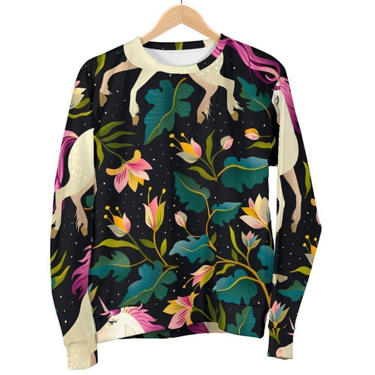 Night Floral Unicorn Pattern Print Women's Crewneck Sweatshirt GearFrost