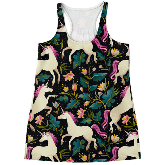 Night Floral Unicorn Pattern Print Women's Racerback Tank Top