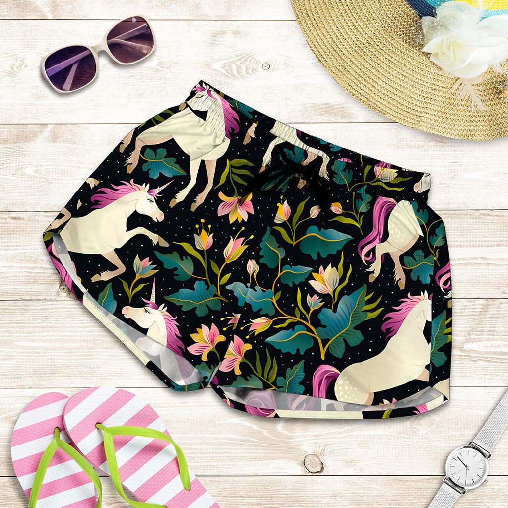 Night Floral Unicorn Pattern Print Women's Shorts