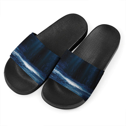 Night Forest And Moonlight Print Black Slide Sandals
