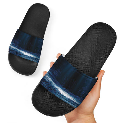Night Forest And Moonlight Print Black Slide Sandals