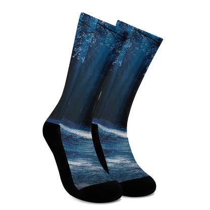 Night Forest And Moonlight Print Crew Socks