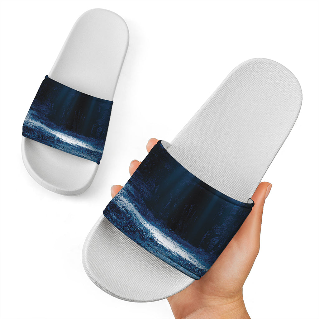 Night Forest And Moonlight Print White Slide Sandals