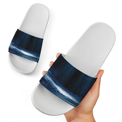 Night Forest And Moonlight Print White Slide Sandals