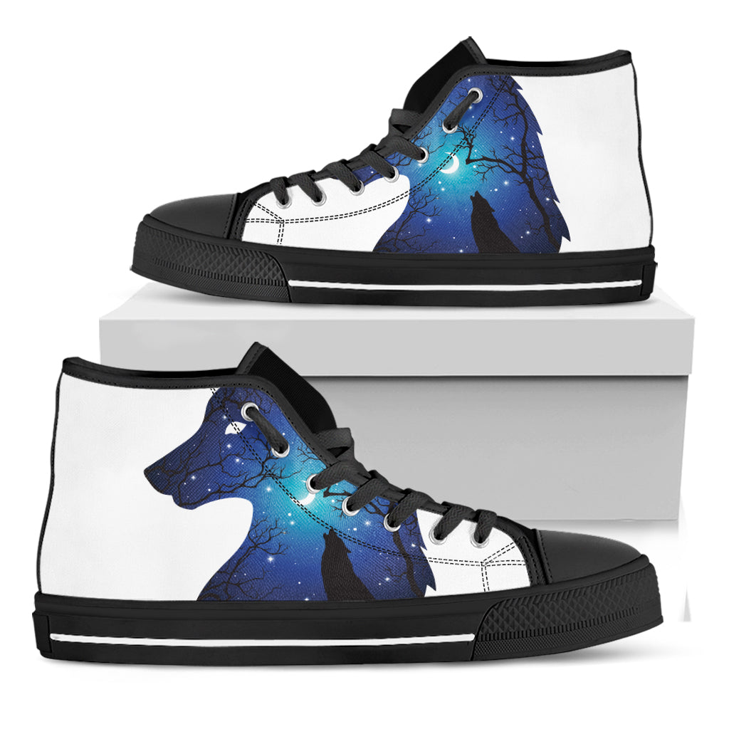 Night Forest Wolf Spirit Print Black High Top Shoes