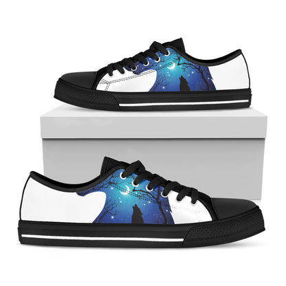 Night Forest Wolf Spirit Print Black Low Top Shoes 
