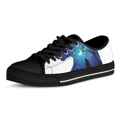 Night Forest Wolf Spirit Print Black Low Top Shoes 