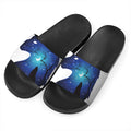 Night Forest Wolf Spirit Print Black Slide Sandals
