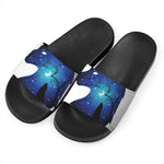 Night Forest Wolf Spirit Print Black Slide Sandals