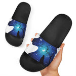 Night Forest Wolf Spirit Print Black Slide Sandals