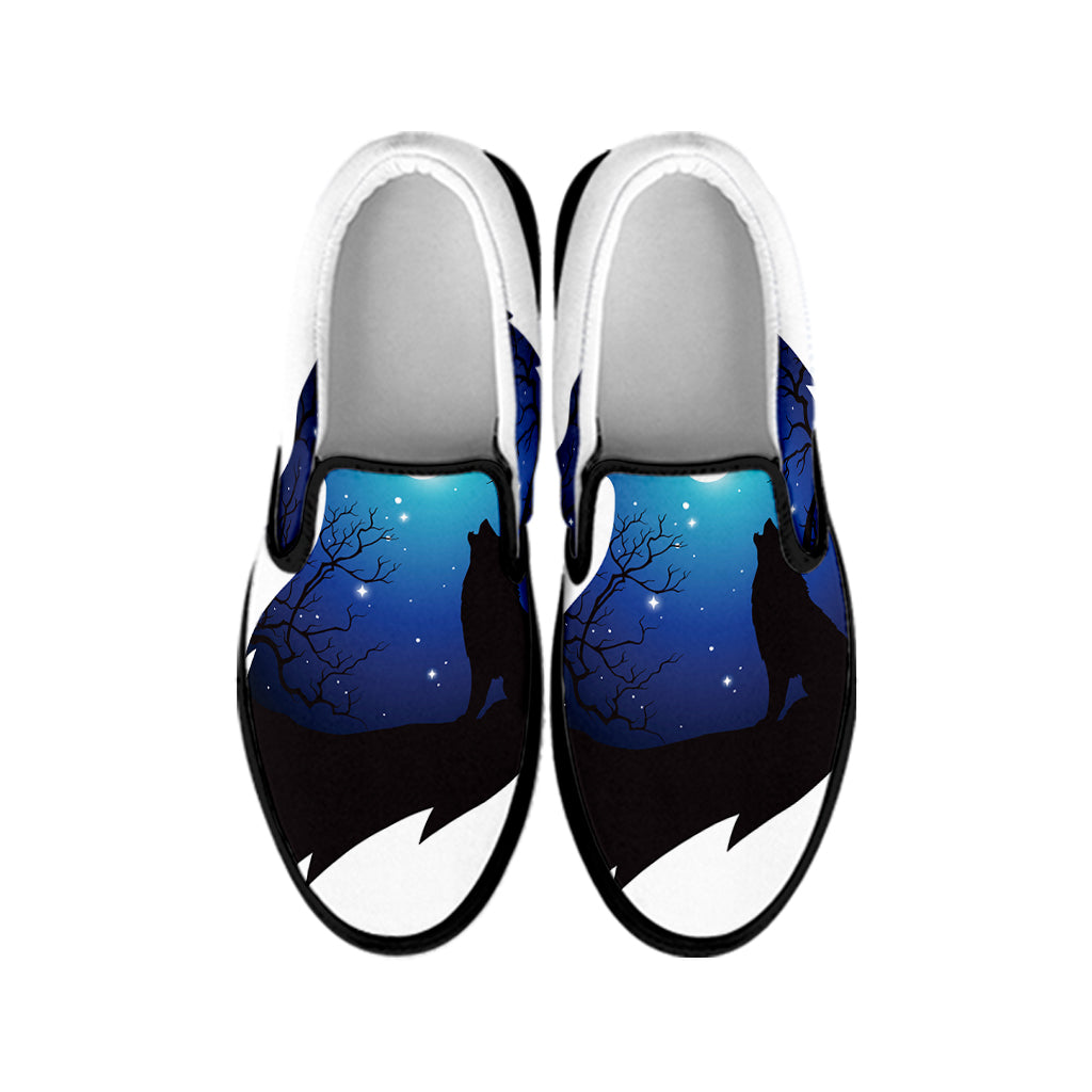 Night Forest Wolf Spirit Print Black Slip On Shoes