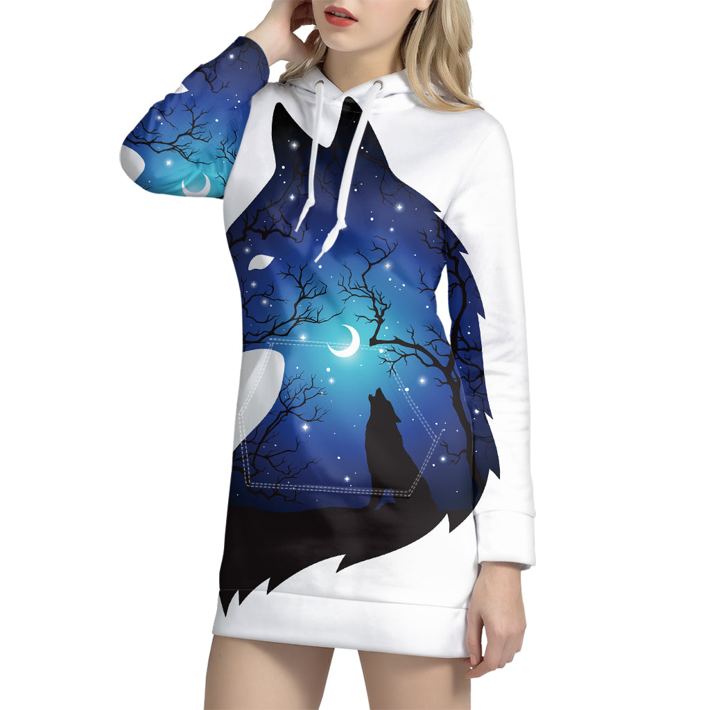 Night Forest Wolf Spirit Print Pullover Hoodie Dress