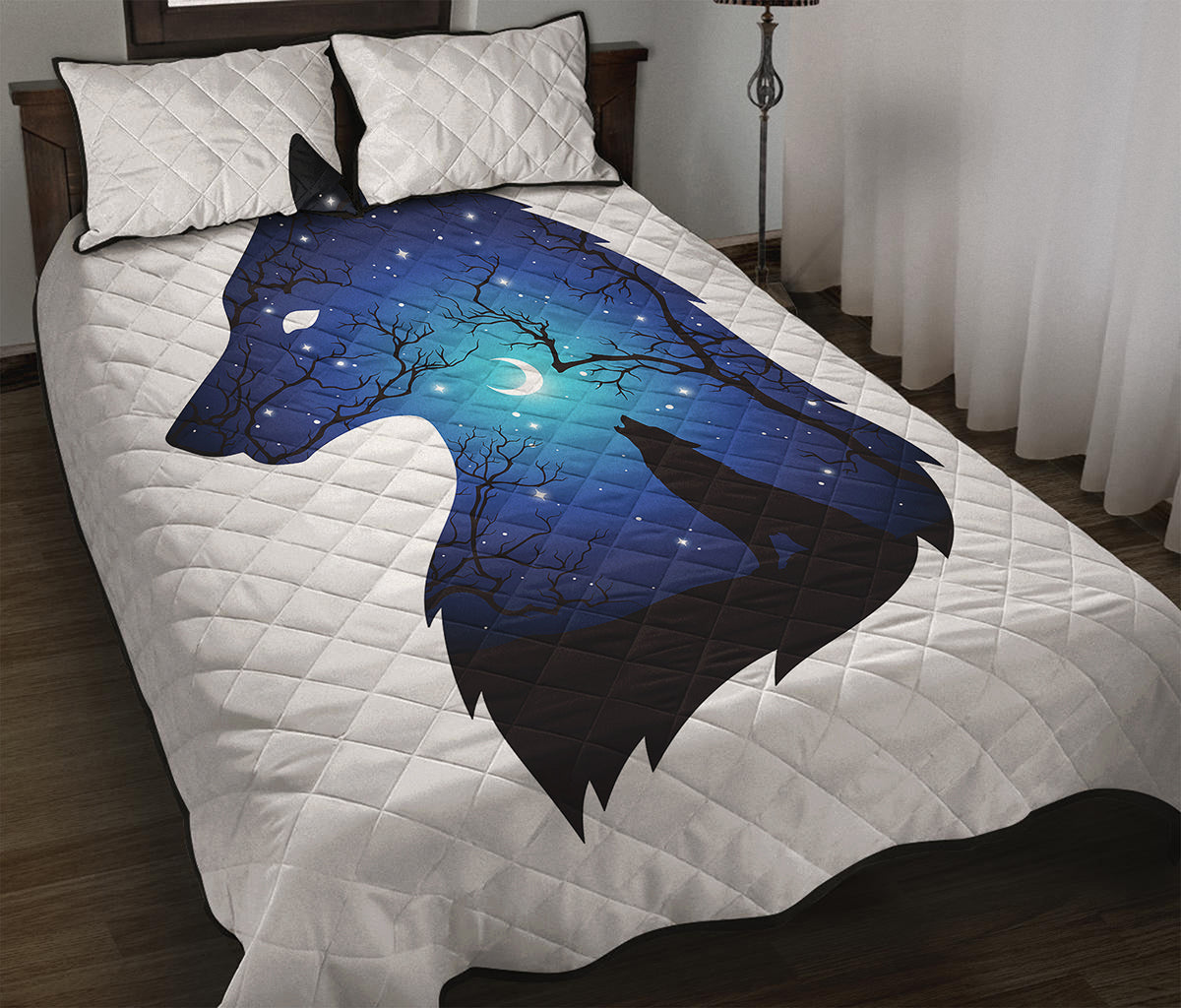 Night Forest Wolf Spirit Print Quilt Bed Set