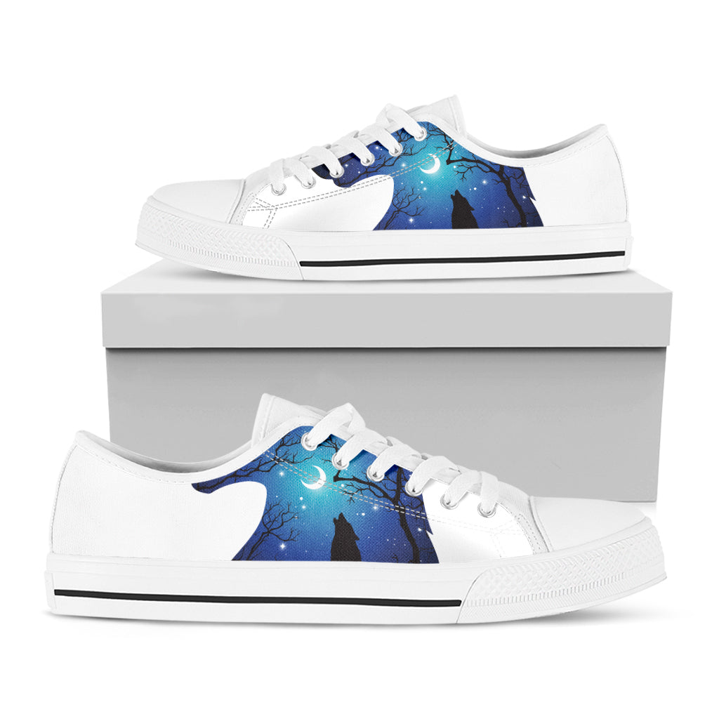 Night Forest Wolf Spirit Print White Low Top Shoes