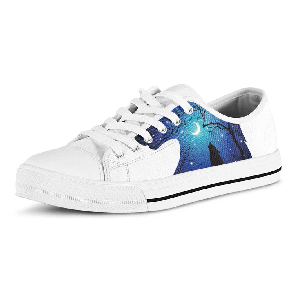 Night Forest Wolf Spirit Print White Low Top Shoes